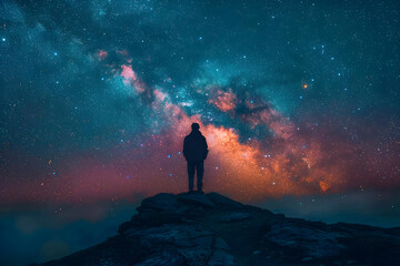 Silhouette of a person standing on a cliff, gazing at the Milky Way galaxy in the night sky.