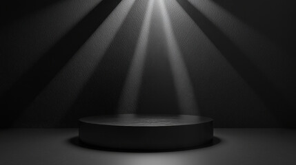 A sleek, dark podium highlighted by a dramatic multi-beam spotlight. The minimalist design creates a moody atmosphere, ideal for showcasing products with an air of mystery and sophistication.