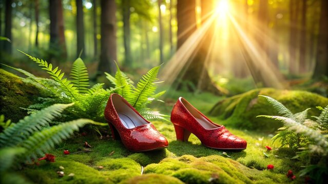 Ruby Slippers Gleaming in the Emerald Forest  Generative AI
