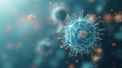 A close up of a virus with a blue and orange color scheme