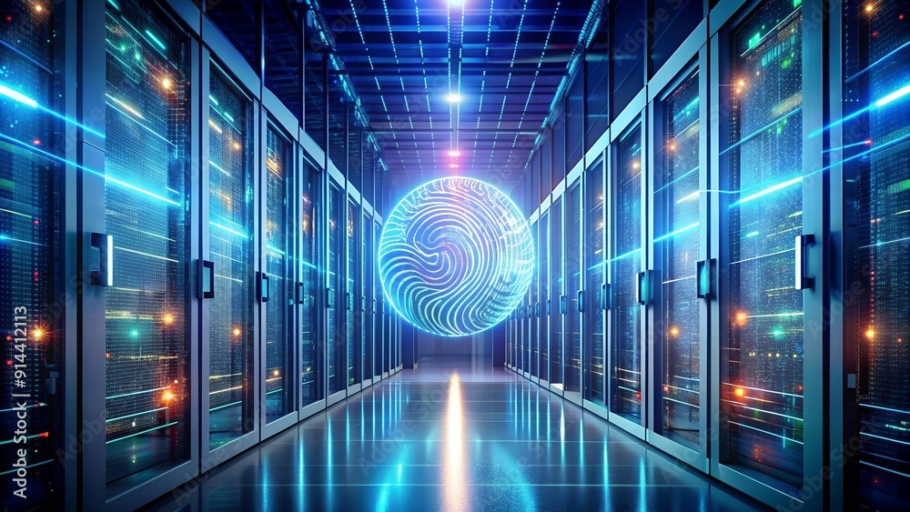 Wall mural pulse of the digital citadel: biometric rhythms in a futuristic data center ai generated