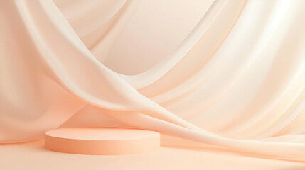 Obraz premium Peach Dream: Minimalist peach podium with cascading fabric backdrop for product display. 