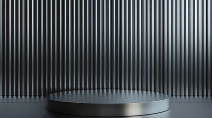 Industrial Chic:  A sleek, metallic podium rests on a backdrop of vertical, textured silver panels, creating a minimalist and modern aesthetic for product displays or presentations.  