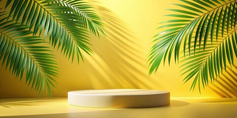 Fototapeta premium Summer-themed podium with palm leaves casting shadows on a bright background, summer, rendering, podium, palm leaves