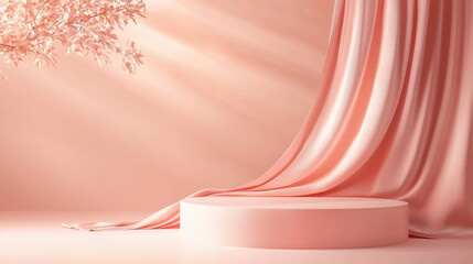 A soft elegant, and minimalist backdrop featuring a pink, circular podium bathed in warm, gentle sunlight.  The scene evokes a sense of serenity and tranquility, perfect for showcasing