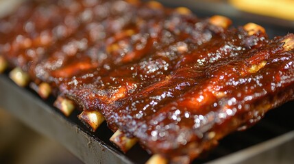 Tender barbecued ribs coated with a rich glaze are sizzling on a grill, filling the air with a smoky aroma during a warm summer evening.