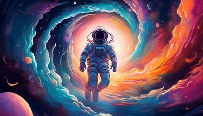 An astronaut floating in a beautiful vortex of colorful space clouds