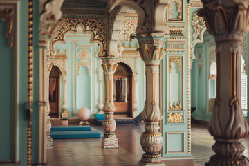 Fototapeta premium Ornate Interior of Historic Palace with Intricate Carvings and Soft Pastel Colors