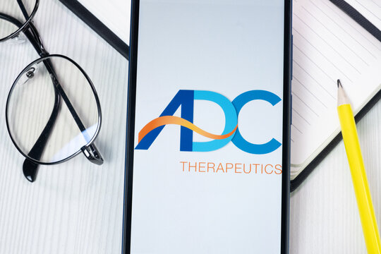 New York, USA - 1 August 2024: ADC Therapeutics Logo on Phone Screen, Company Icon on Display
