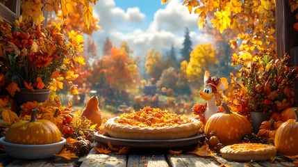 Fleecedeken met foto Whimsical Thanksgiving dinner scene with animated characters enjoying a feast with turkey pies and autumn decorations © Prime Stox