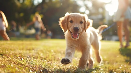 Adorable golden retriever puppy running happily in a sunny park with other people blurred in the background, enjoying a lovely day outdoors.