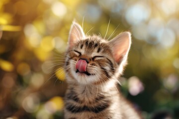 Fototapeta premium photograph of Hungry kitten cat eating and licking ita lips with tongue.