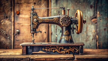 Vintage sewing machine with intricate details and aged patina , antique, fabric, machine, sewing, vintage