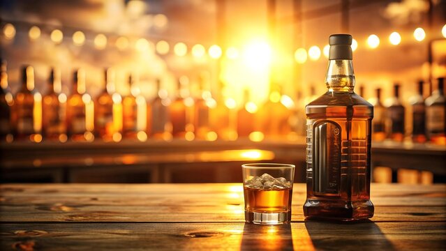 Golden Hour Glow: A Bottle of Jack Daniels on a Si?fok Bar Counter  AI generated