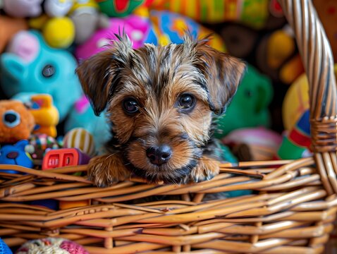 Adorable puppy sitting in a wicker basket surrounded by colorful toys, showcasing a playful and cute scene.