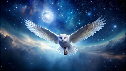 Celestial Flight: A White Owl Soaring Through the Milky Way  AI generated