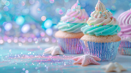 Mermaid themed birthday party mermaid shell pastel color cupcakes on a pastel bokeh background