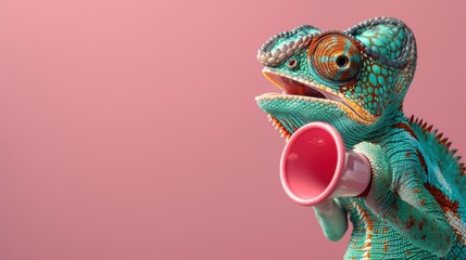 Chameleon Holding Megaphone on Pink Background.