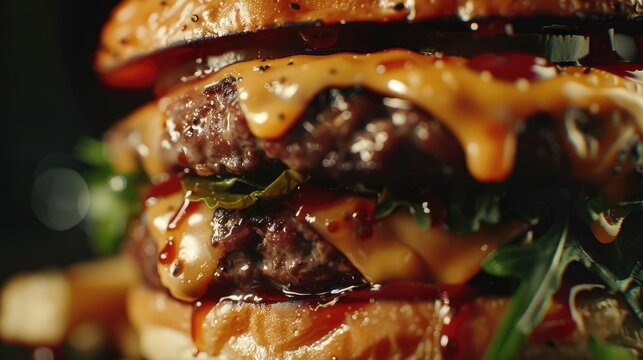 Close-up of a juicy double cheeseburger with melted cheese and sauce.