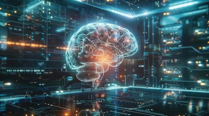 Obraz premium Digital brain with glowing neurons, representing artificial intelligence and neural networks.