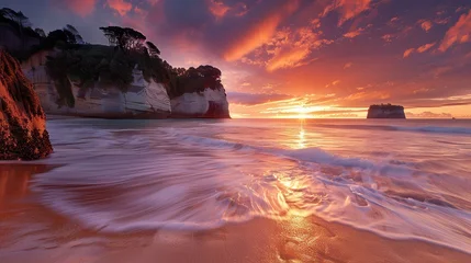 Gordijnen Cathedral Cove at Sunrise: Magnificent Sea View of New Zealand's Coastal Bay © Vlad