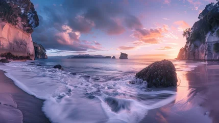 Selbstklebende Fototapeten Cathedral Cove at Sunrise: Majestic New Zealand Coastal Bay © Vlad