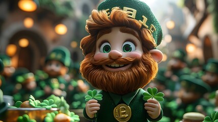 Joyful Patrick Day celebration with animated characters in green attire enjoying shamrocks and festive foods