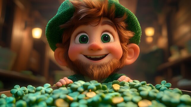 Joyful Patrick Day celebration with animated characters in green attire enjoying shamrocks and festive foods