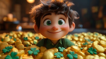 Joyful Patrick Day celebration with animated characters in green attire enjoying shamrocks and festive foods