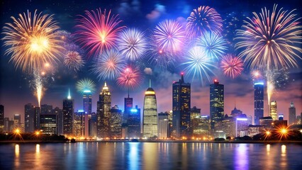 Nocturnal Symphony: A Cityscape Under a Fireworks Canvas  Generative AI