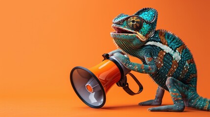 Chameleon Holding Megaphone on Orange Background.