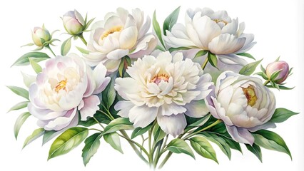 Fototapeta premium A Symphony of White: A Watercolor Bouquet of Blooming Peonies AI generated