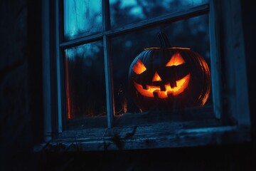 Lighted Jack-o'-lantern Peering Through Window at Night