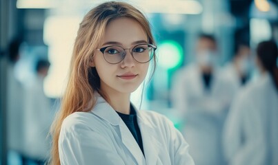 Fototapeta premium Dedicated Female Scientist in Modern Medical Laboratory: Celebrating Nurses Day. Young Professional in White Coat and Glasses Leading Expert Team. Innovative Healthcare Research 4K Background for Medi