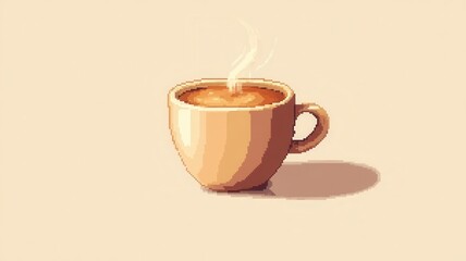 Obraz premium Pixel art of a classic coffee cup with steam rising, warm brown tones, simple shading, and a subtle glow, isolated on a pastel background, ideal for cafe branding