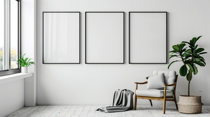 Mockup frames in living room interior with chair and decor, Scandinavian style.