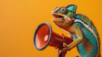 Chameleon Holding Megaphone on Orange Background.