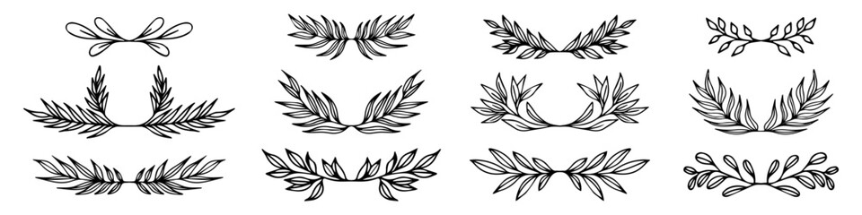 Fototapeta premium Hand drawn floral frames with branches and leaves. Trendy botanical elements in line art style. Vector for label, corporate identity, wedding invitation or card.