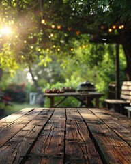 Wooden table on backyard with grill