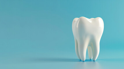 Model of a healthy white tooth on a blue background with copy space, dental clinic ad