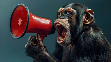 Chimpanzee Holding Megaphone on Dark Background.