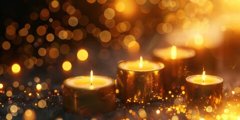 All Saints' Day. Burning candles with golden bokeh on dark background, closeup.