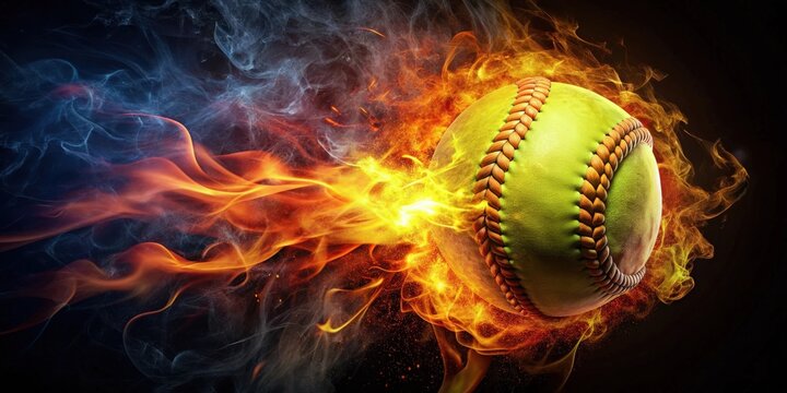 Softball ball engulfed in neon fire flames exploding on dark glossy background, softball, ball, neon, fire, flames