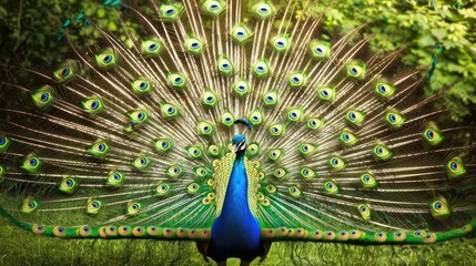 Obraz premium Male peacock with vibrant blue feathers and a majestic tail display