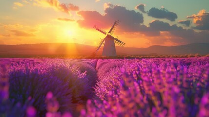 A picturesque windmill stands tall amidst a field of lavender, bathed in the golden glow of a vibrant sunset.