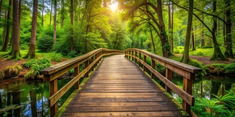 Obraz premium A picturesque wooden bridge in the heart of a lush forest setting, wooden, bridge, forest, nature, scenery, peaceful, tranquil