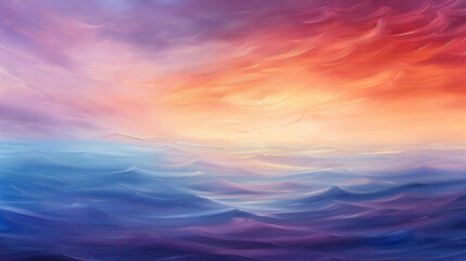 A painting of a sunset with a blue ocean in the background