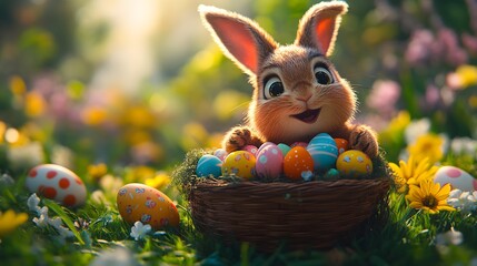 Whimsical Easter basket scene with animated characters finding and enjoying a basket filled with colorful eggs and candy