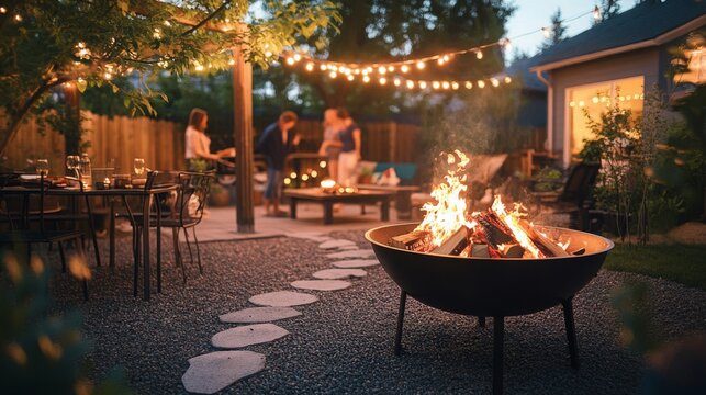 A warm fire crackles in a circular pit while friends gather under string lights, enjoying a pleasant evening outdoors.