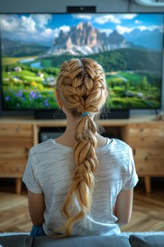 Cozy evening scene  woman relaxing comfortably on the couch while watching television